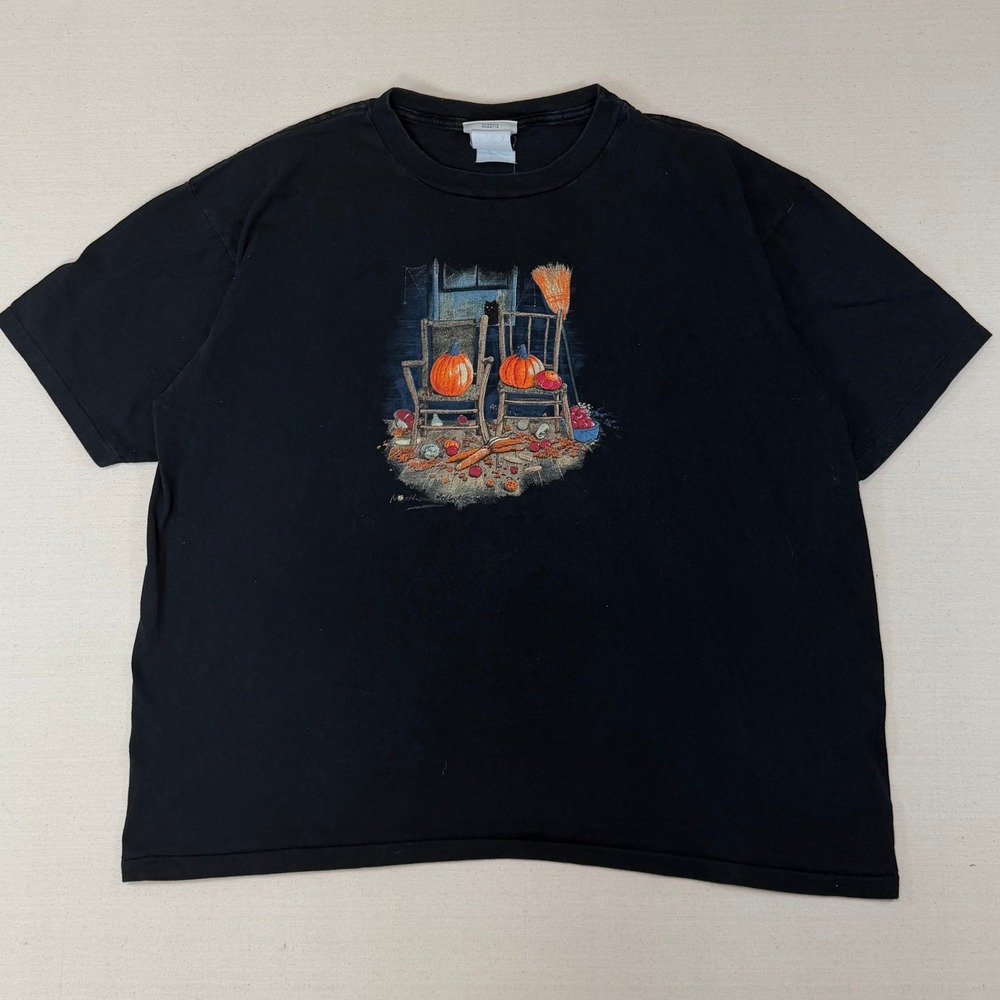 Vintage Northern Reflections Halloween Pumpkin Cat Graphic Shirt Black 2XL boxy
